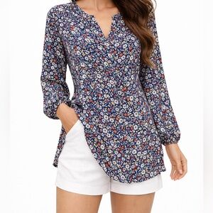 Melloday Navy Floral Button Front Tunic Size M Coastal Preppy Hamptons Blouse